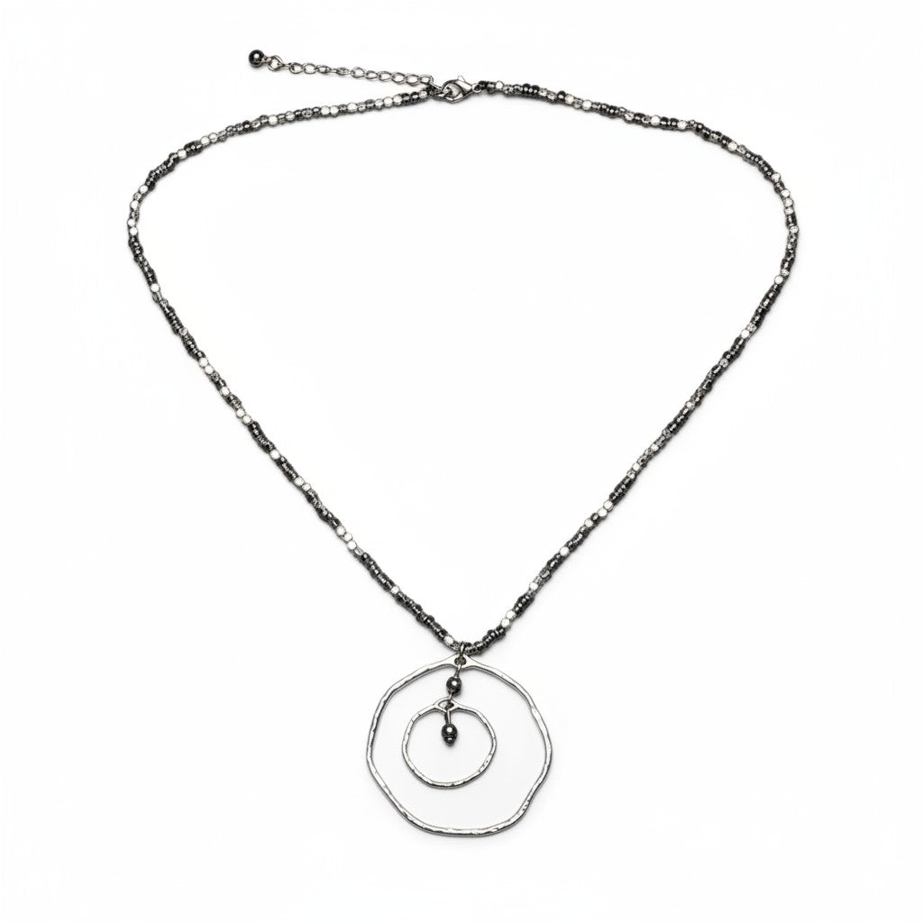 Beaten Double Ring Necklace In Silver Plate