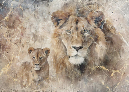 Lion and Cub in Soft Neutral Texture Canvas Wall Art | Lion Animal Vintage Art Illustration Wallart 08