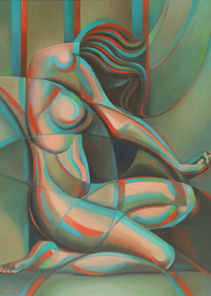 Anaglyphical Roundism Canvas Wall Art | 3D Anaglyph Effect Cubist Nude in Teal & Red | 3 Sizes & Available Finishes