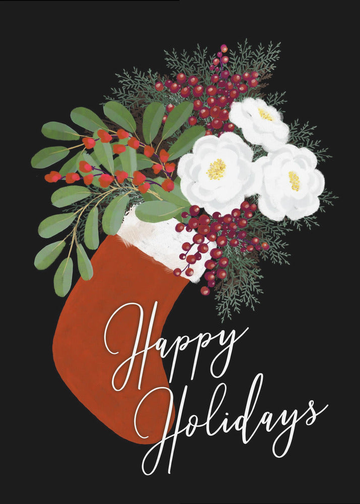 Wall art Floral Stocking Happy holidays in black Canvas Print