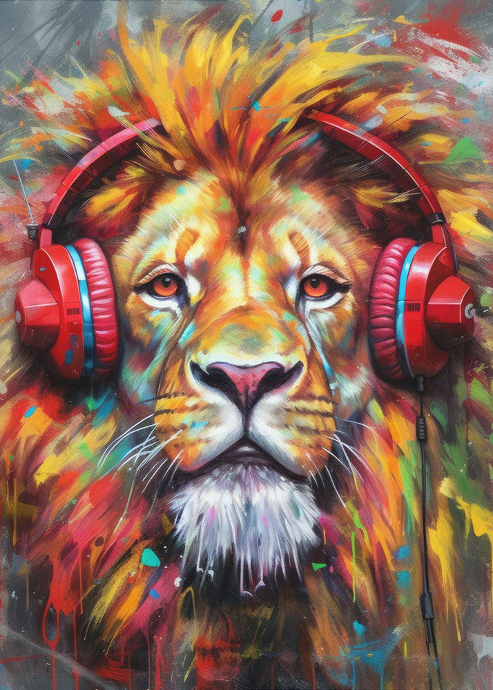 Colourful Lion Wearing Red Headphones Canvas Wall Art | Lion With Headphones animal