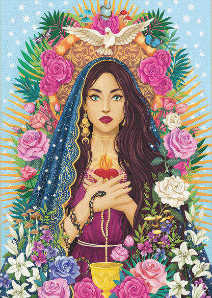 Floral Devotional Woman Portrait Canvas Wall Art | Mother Mary / Mary Magdalen