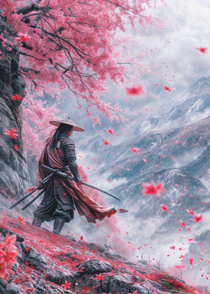 Samurai beneath Pink Blossom Trees Canvas Wall Art