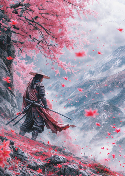 Samurai beneath Pink Blossom Trees Canvas Wall Art