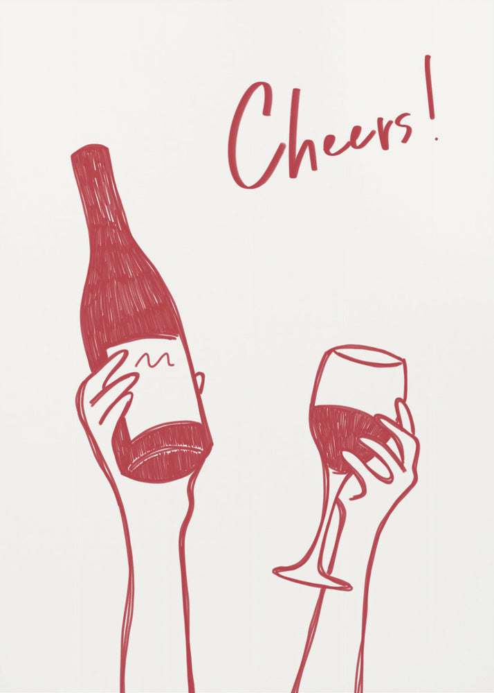 Art mural Illustration et texte "Cheers" avec du vin (noir et blanc)
