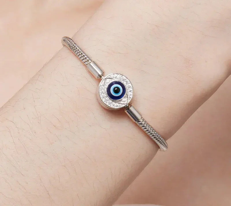 Bracelet Porte-Bonheur Œil Grec en Argent Sterling avec Zircon Cubique – Chaîne Serpent
