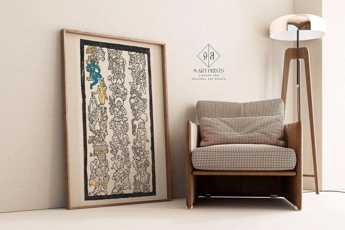 Reijer Stolk Gravure sur bois Motif indien : Art symboliste, Accents dorés et bleus
