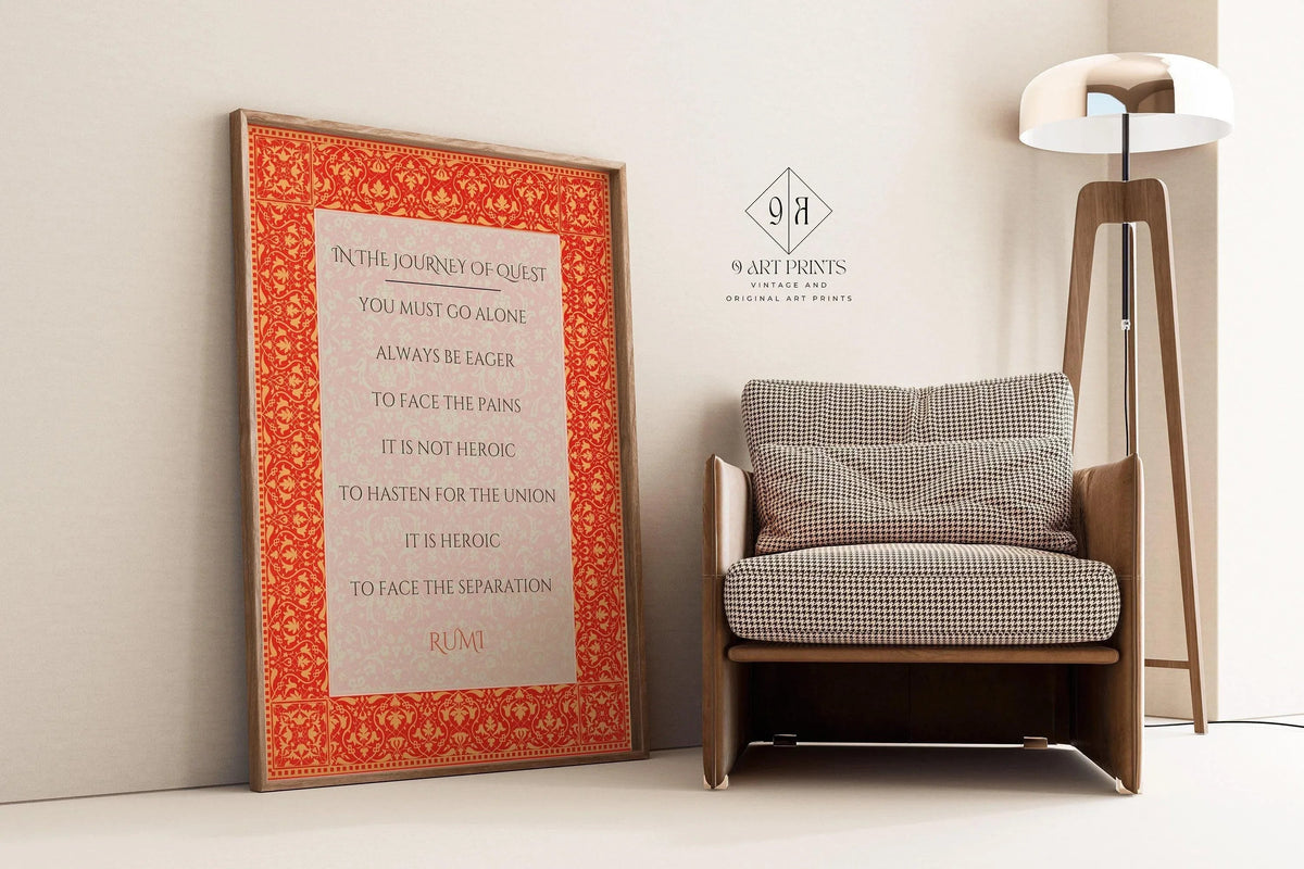 Rumi - Voyage de la Quête IMPRESSION | Affiche Poésie Citation Inspirante Rouge (disponible encadrée à la main ou non encadrée)