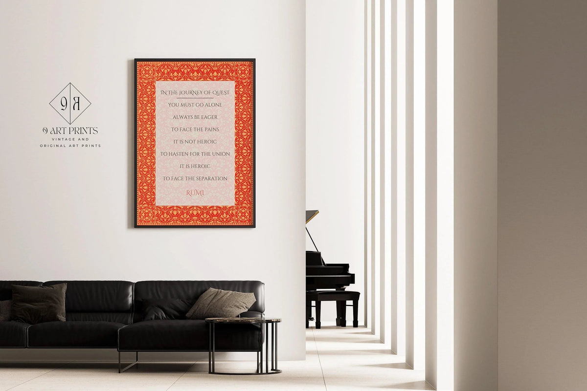 Rumi - Voyage de la Quête IMPRESSION | Affiche Poésie Citation Inspirante Rouge (disponible encadrée à la main ou non encadrée)