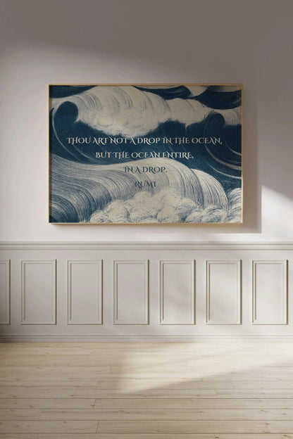 Impression Giclée Poésie de Rumi : Citation Inspirante Océan, Poème Bleu (Disponible Encadré)