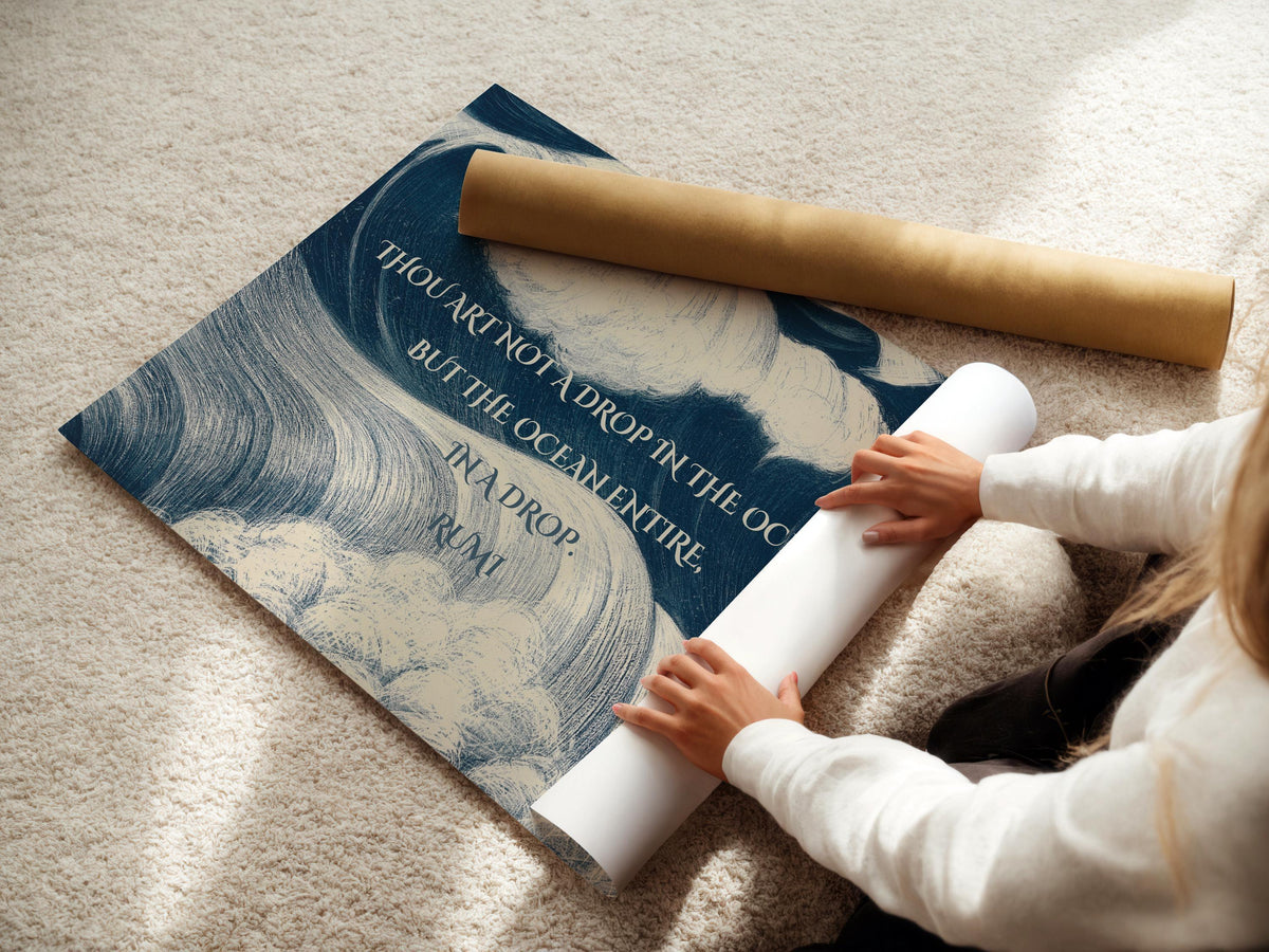 Impression Giclée Poésie de Rumi : Citation Inspirante Océan, Poème Bleu (Disponible Encadré)