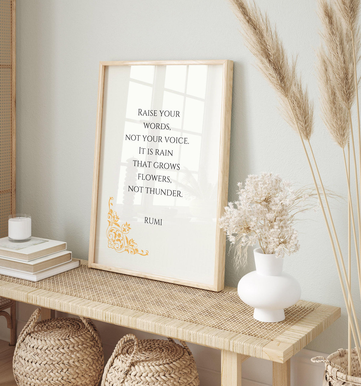 Impression d'art citation de Rumi : Poème Pluie et Tonnerre, Affiche d'inspiration beige