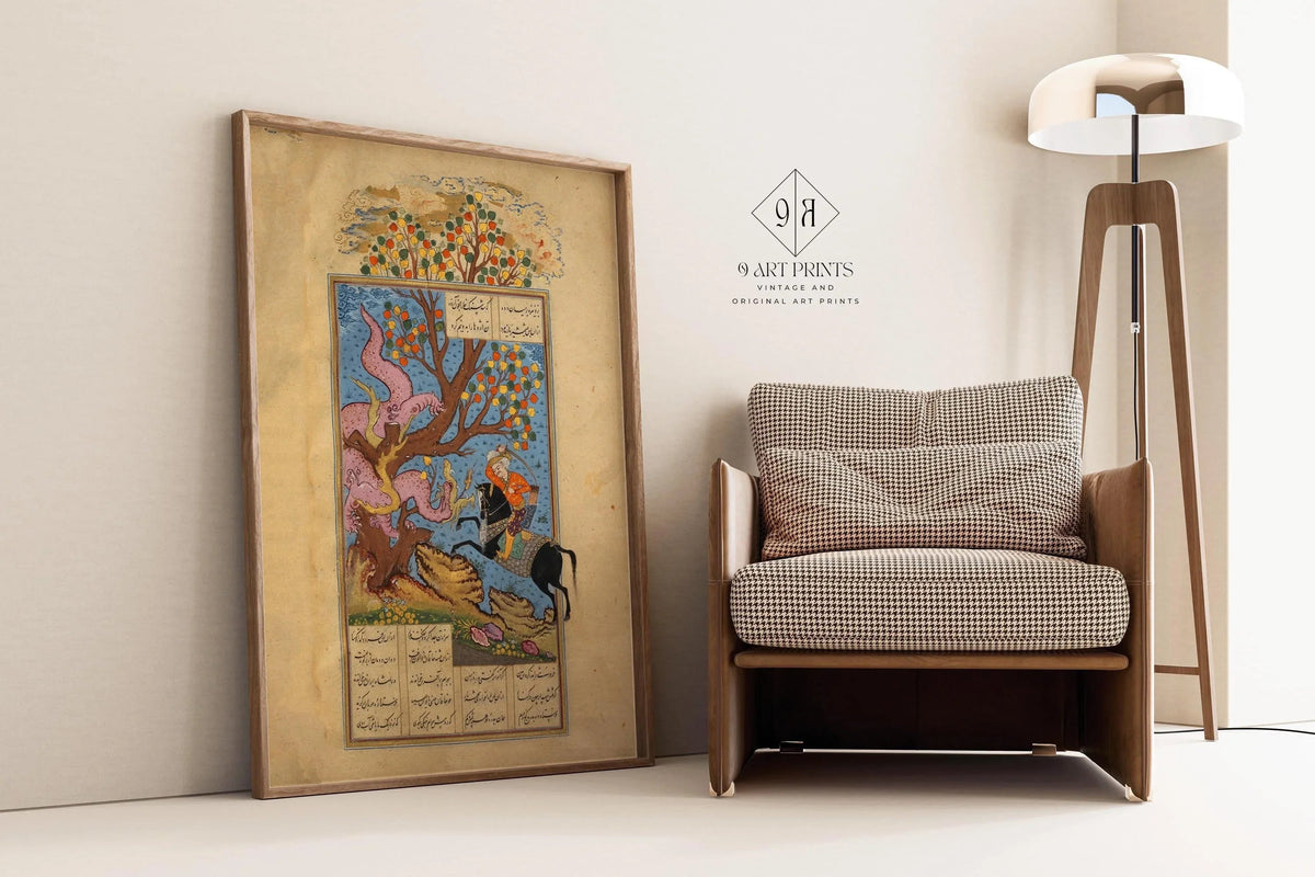 Estampe d'art miniature persane : Rustam combat un Div - Giclée Shahnama