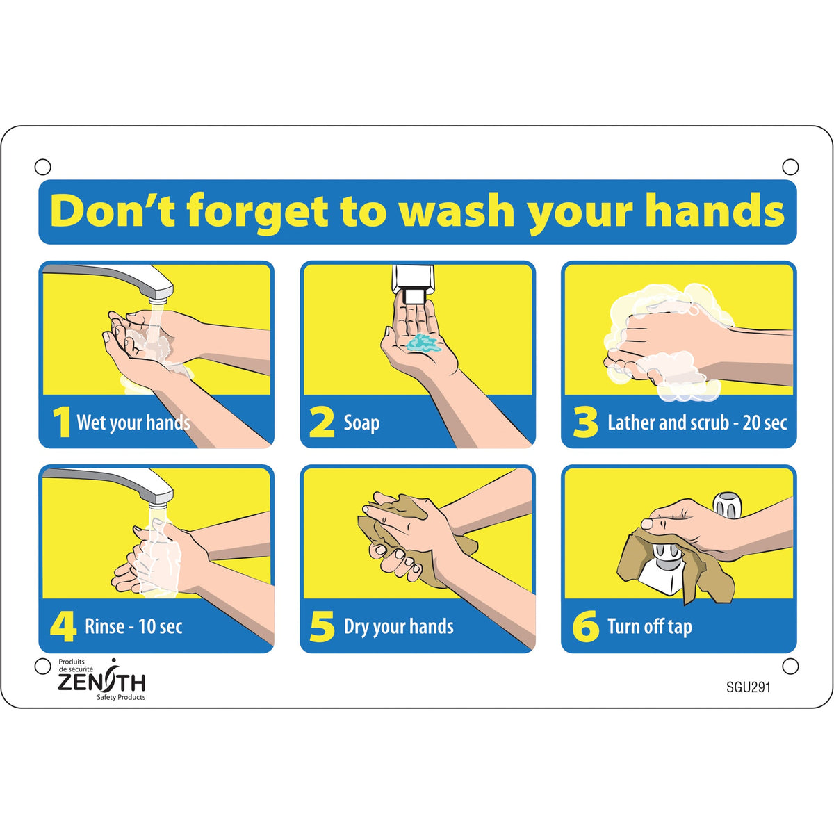 Panneau "N'oubliez pas de vous laver les mains" avec pictogramme, 17,8 cm x 25,4 cm, Plastique, Anglais avec pictogramme