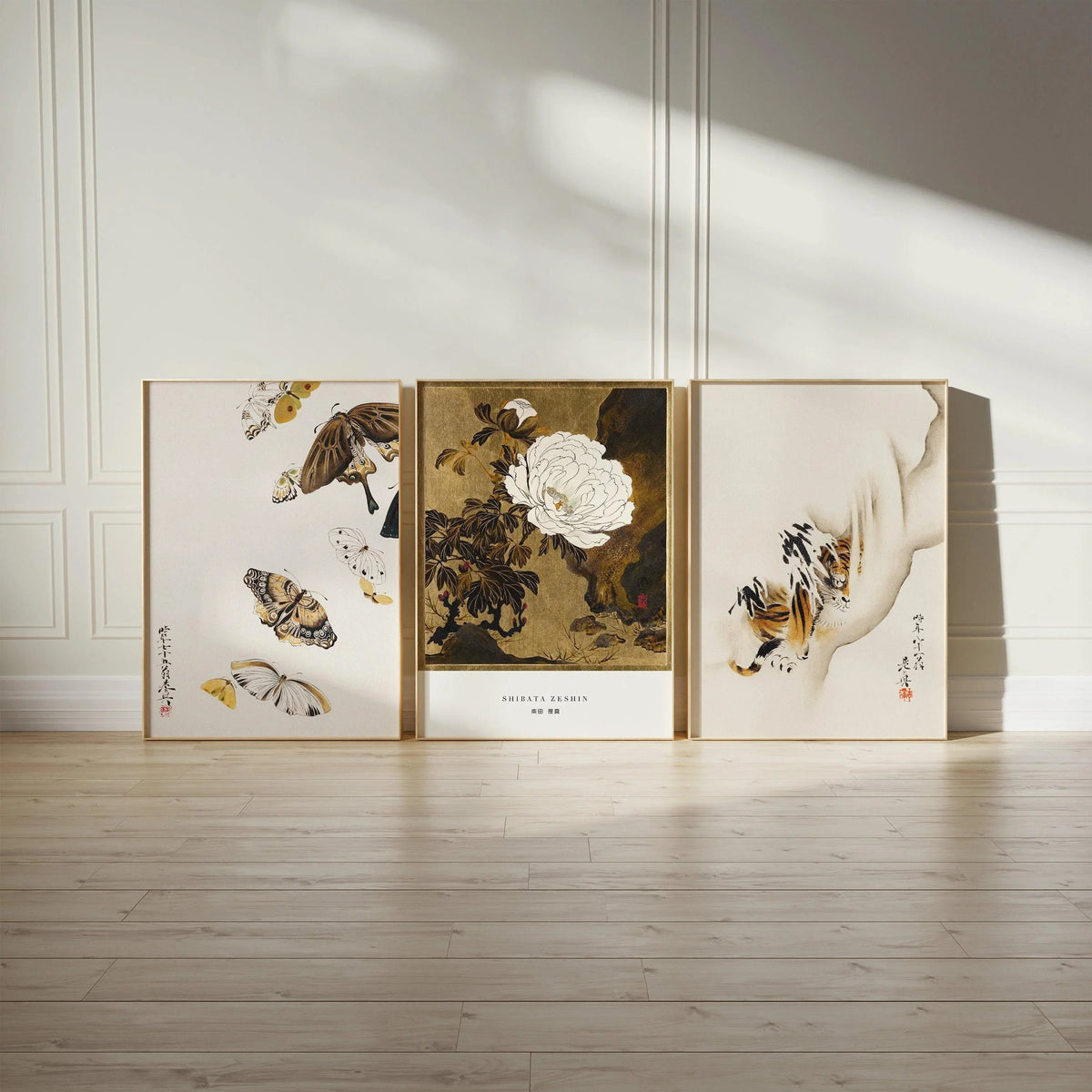 Shibata Zeshin Japanese Art Print Set: Butterflies, Peonies, Tiger