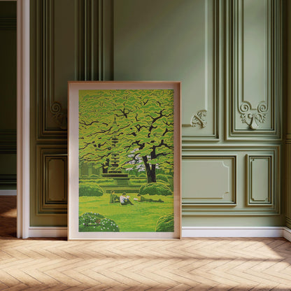 Shiro Kasamatsu Spring Campus Giclee Print: Tranquil Japanese Woodblock Art