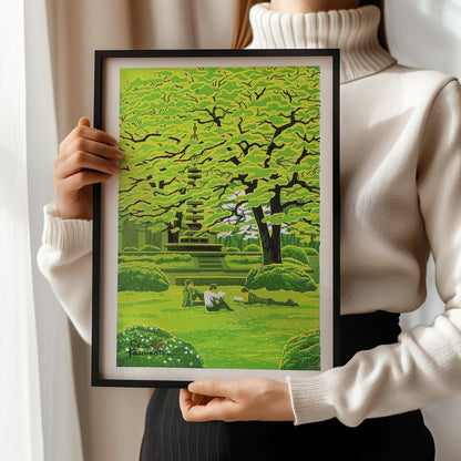 Shiro Kasamatsu Spring Campus Giclee Print: Tranquil Japanese Woodblock Art