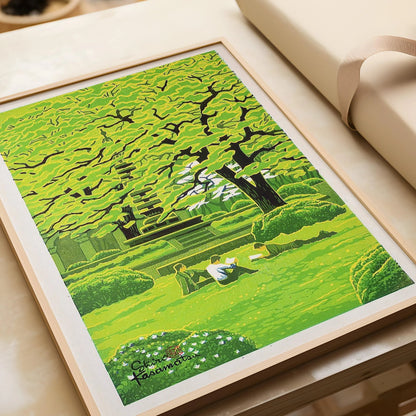 Shiro Kasamatsu Spring Campus Giclee Print: Tranquil Japanese Woodblock Art