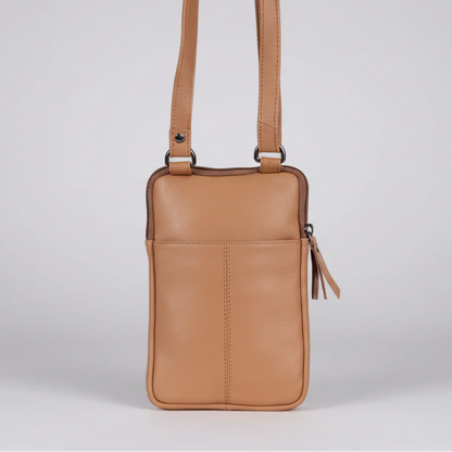 Greenwood Leather Compact Mini Crossbody. Slim Full-Grain Leather Phone Bag & Travel Organizer