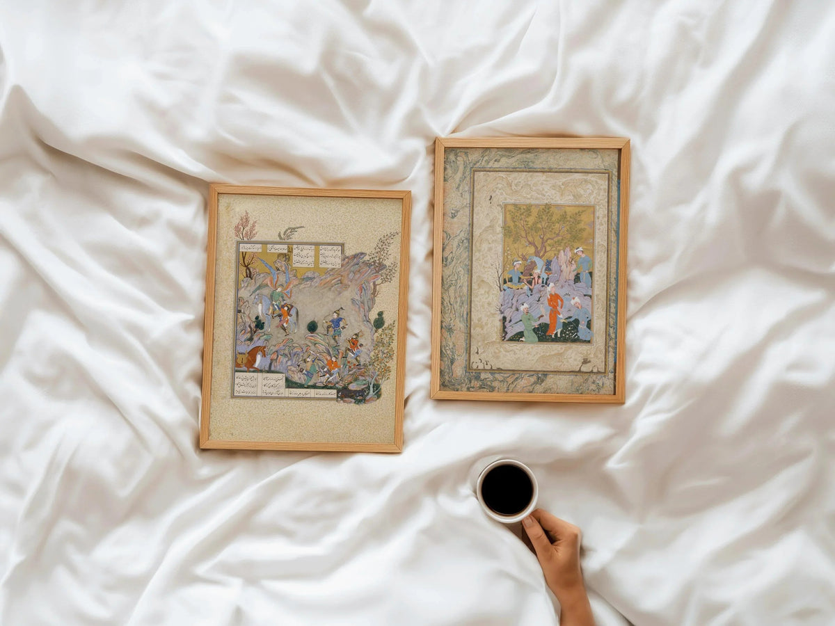 DÉCLARATION DUO Miniatures persanes anciennes - Fête de la fauconnerie et Shahnameh | Manuscrit ancien enluminé disponible encadré