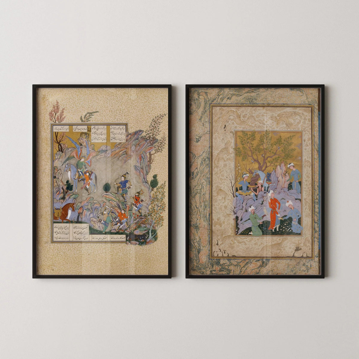 DÉCLARATION DUO Miniatures persanes anciennes - Fête de la fauconnerie et Shahnameh | Manuscrit ancien enluminé disponible encadré