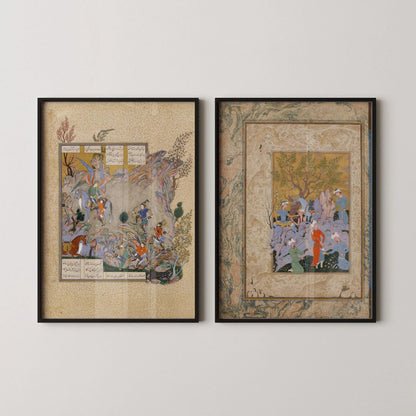 DÉCLARATION DUO Miniatures persanes anciennes - Fête de la fauconnerie et Shahnameh | Manuscrit ancien enluminé disponible encadré