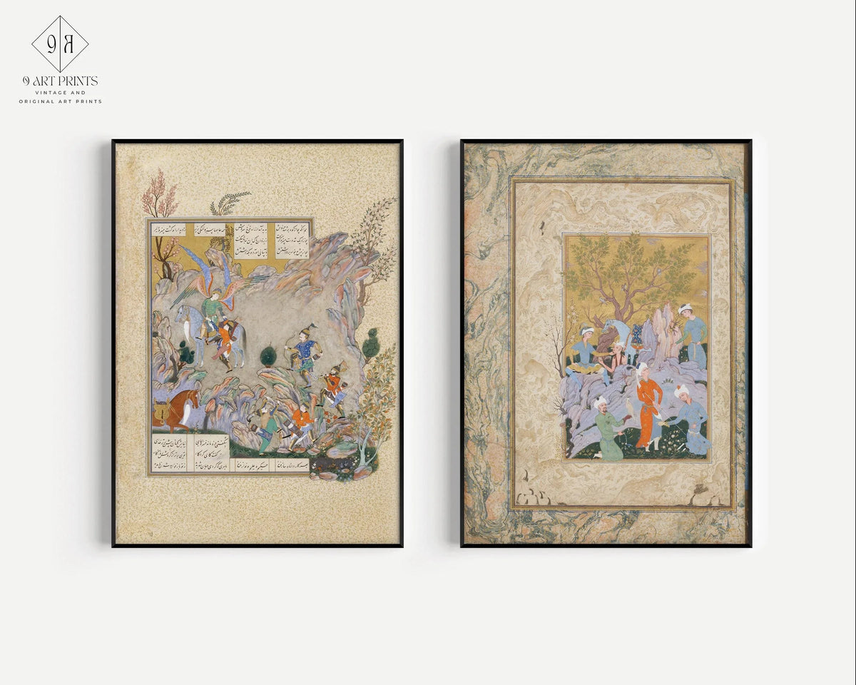 DÉCLARATION DUO Miniatures persanes anciennes - Fête de la fauconnerie et Shahnameh | Manuscrit ancien enluminé disponible encadré
