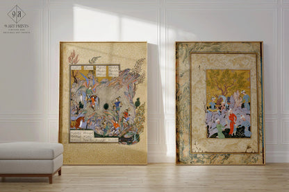 DÉCLARATION DUO Miniatures persanes anciennes - Fête de la fauconnerie et Shahnameh | Manuscrit ancien enluminé disponible encadré