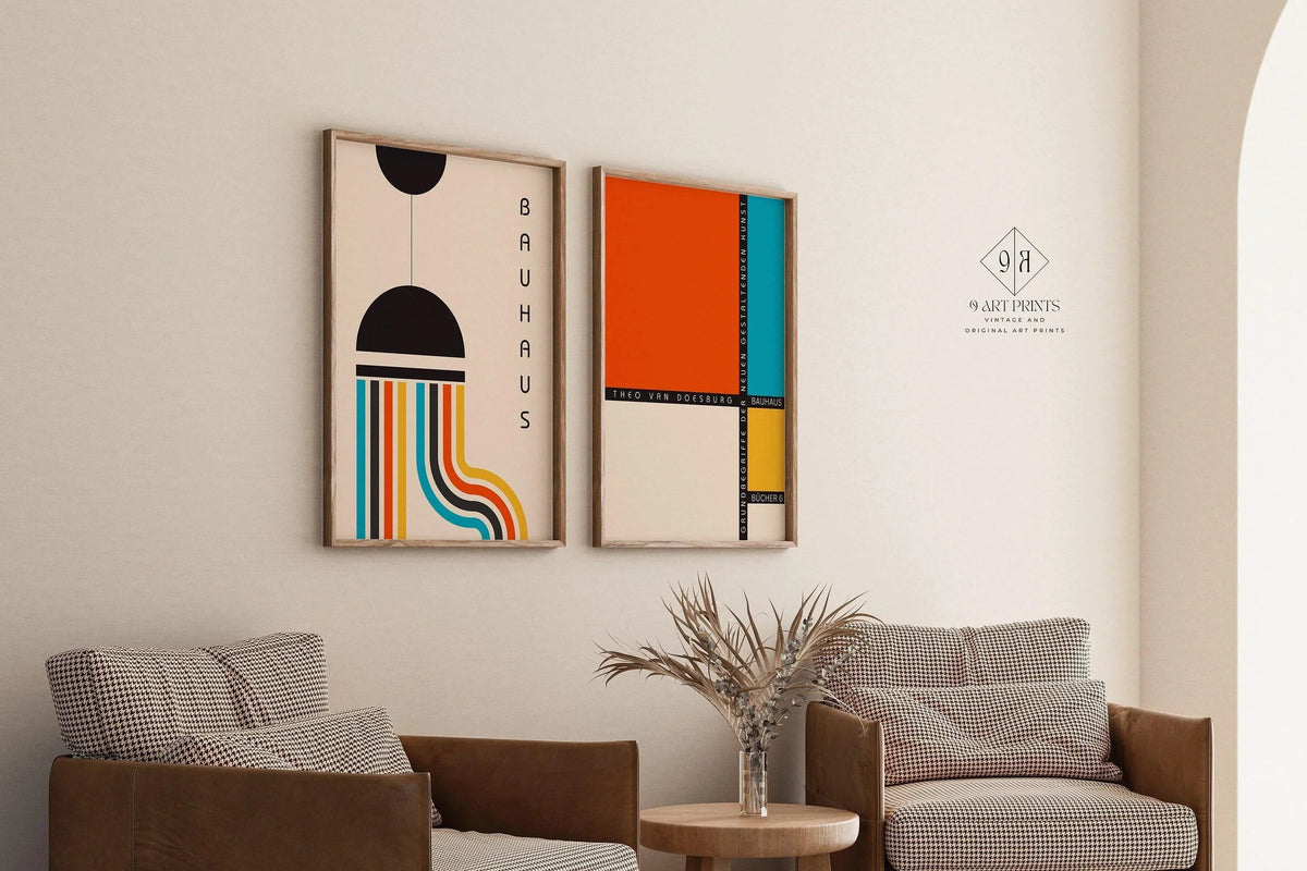 DÉCLARATION DUO Bauhaus coloré | Affiches d'art moderne du milieu du siècle | disponible encadré