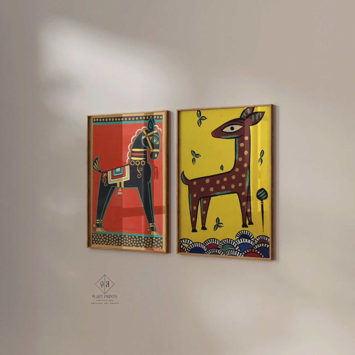 Jamini Roy Prints: Black Horse and Fawn - Traditional Bengali Art