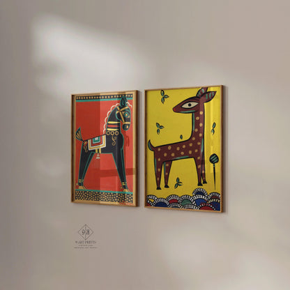 Jamini Roy Prints: Black Horse and Fawn - Traditional Bengali Art