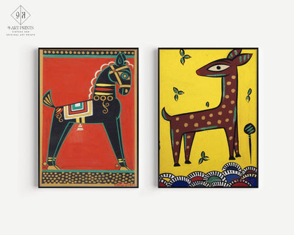 Jamini Roy Prints: Black Horse and Fawn - Traditional Bengali Art