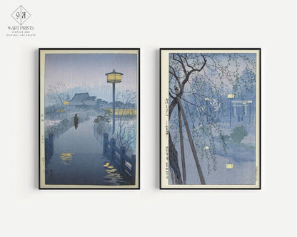 Lot d'estampes japonaises Kasamatsu : Pluie et Étang du soir, Art vintage bleu