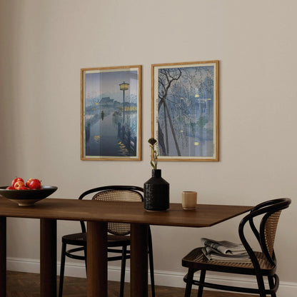 Lot d'estampes japonaises Kasamatsu : Pluie et Étang du soir, Art vintage bleu