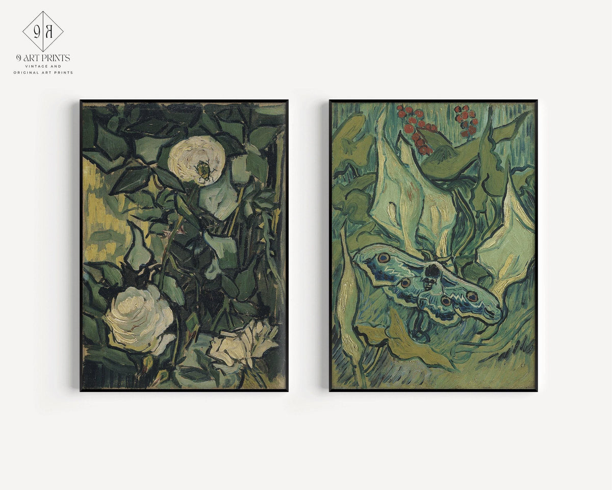 Impressions d'art Van Gogh : Roses et papillon de nuit, Art mural vert