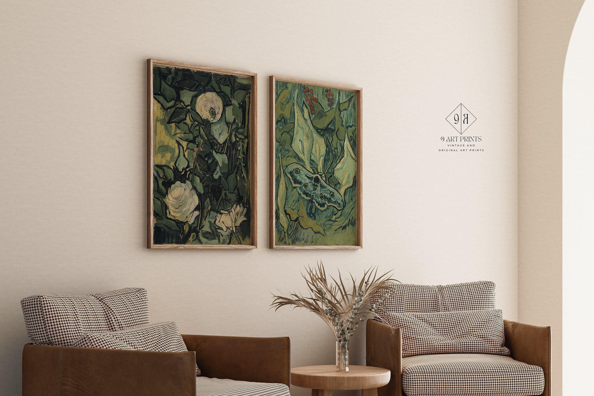 Impressions d'art Van Gogh : Roses et papillon de nuit, Art mural vert