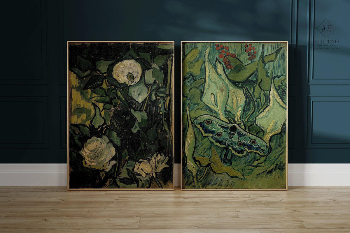 Impressions d'art Van Gogh : Roses et papillon de nuit, Art mural vert