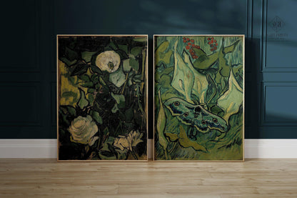 Impressions d'art Van Gogh : Roses et papillon de nuit, Art mural vert
