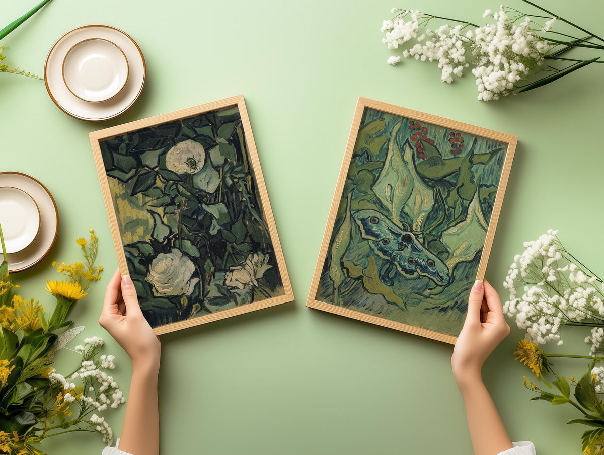 Impressions d'art Van Gogh : Roses et papillon de nuit, Art mural vert