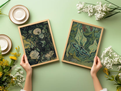 Impressions d'art Van Gogh : Roses et papillon de nuit, Art mural vert