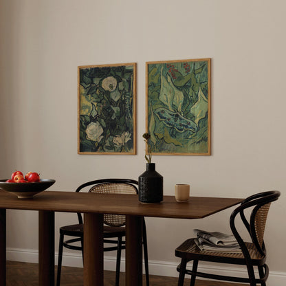 Impressions d'art Van Gogh : Roses et papillon de nuit, Art mural vert