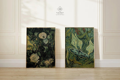 Impressions d'art Van Gogh : Roses et papillon de nuit, Art mural vert