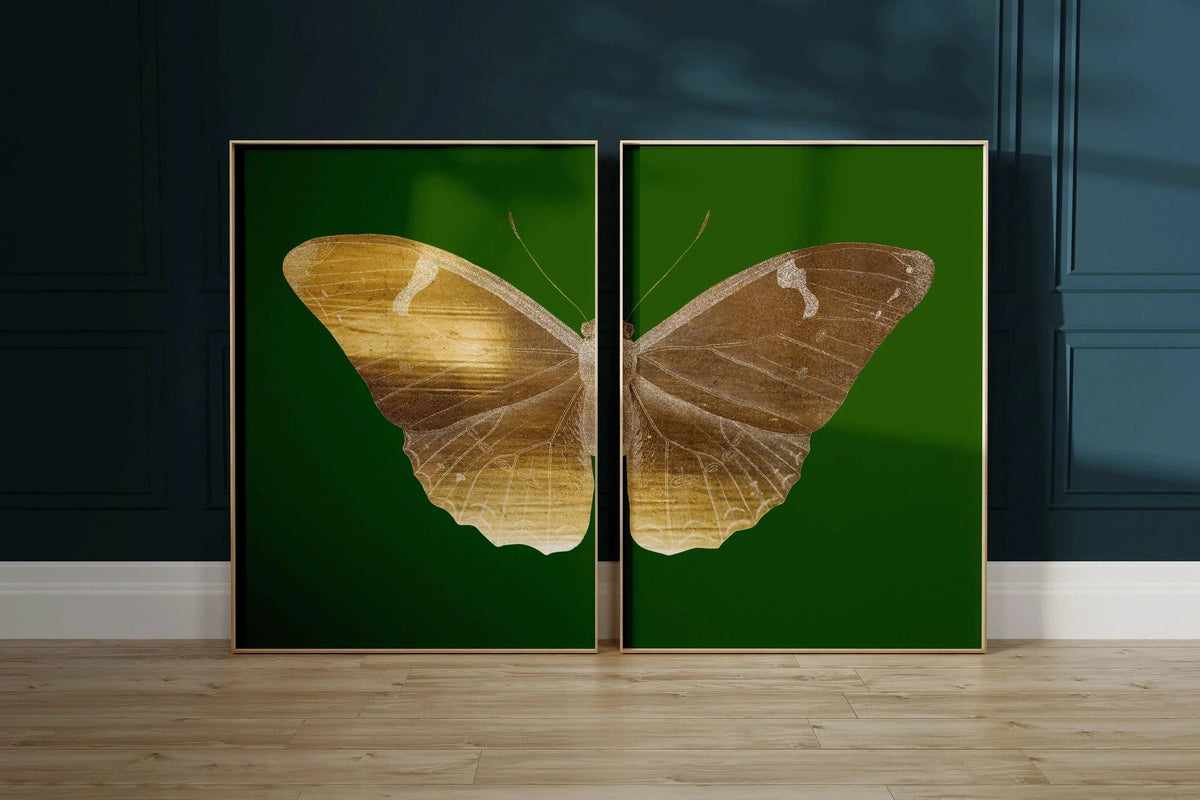 Impression d'art papillon Diptyque de la Phalène Émeraude : Duo Or Vintage