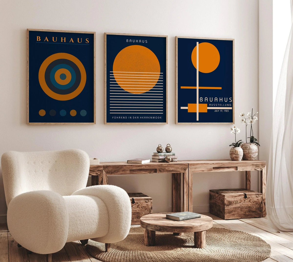 STATEMENT TRIO Bauhaus Navy-Blue Orange | Mid-century Modern Art available framed or unframed