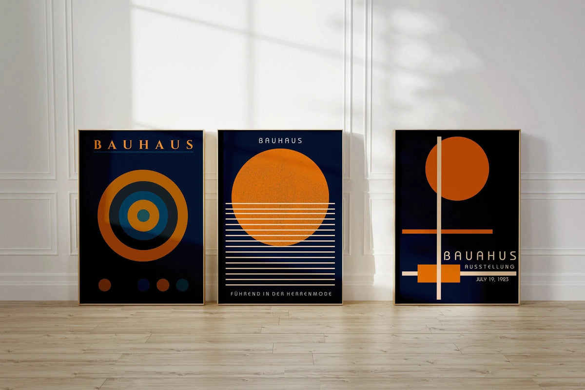 STATEMENT TRIO Bauhaus Navy-Blue Orange | Mid-century Modern Art available framed or unframed