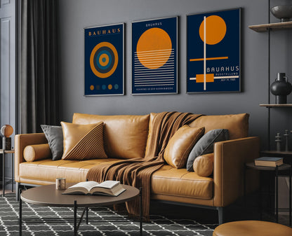 STATEMENT TRIO Bauhaus Navy-Blue Orange | Mid-century Modern Art available framed or unframed