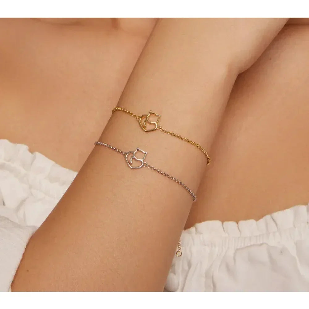 Bracelet Chaîne Cœur Chat en Argent Sterling 925