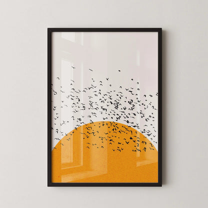 Impression Giclée Oiseaux au Coucher du Soleil : Art Rétro Minimaliste, Option Encadrée à la Main