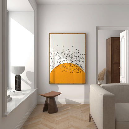 Impression Giclée Oiseaux au Coucher du Soleil : Art Rétro Minimaliste, Option Encadrée à la Main