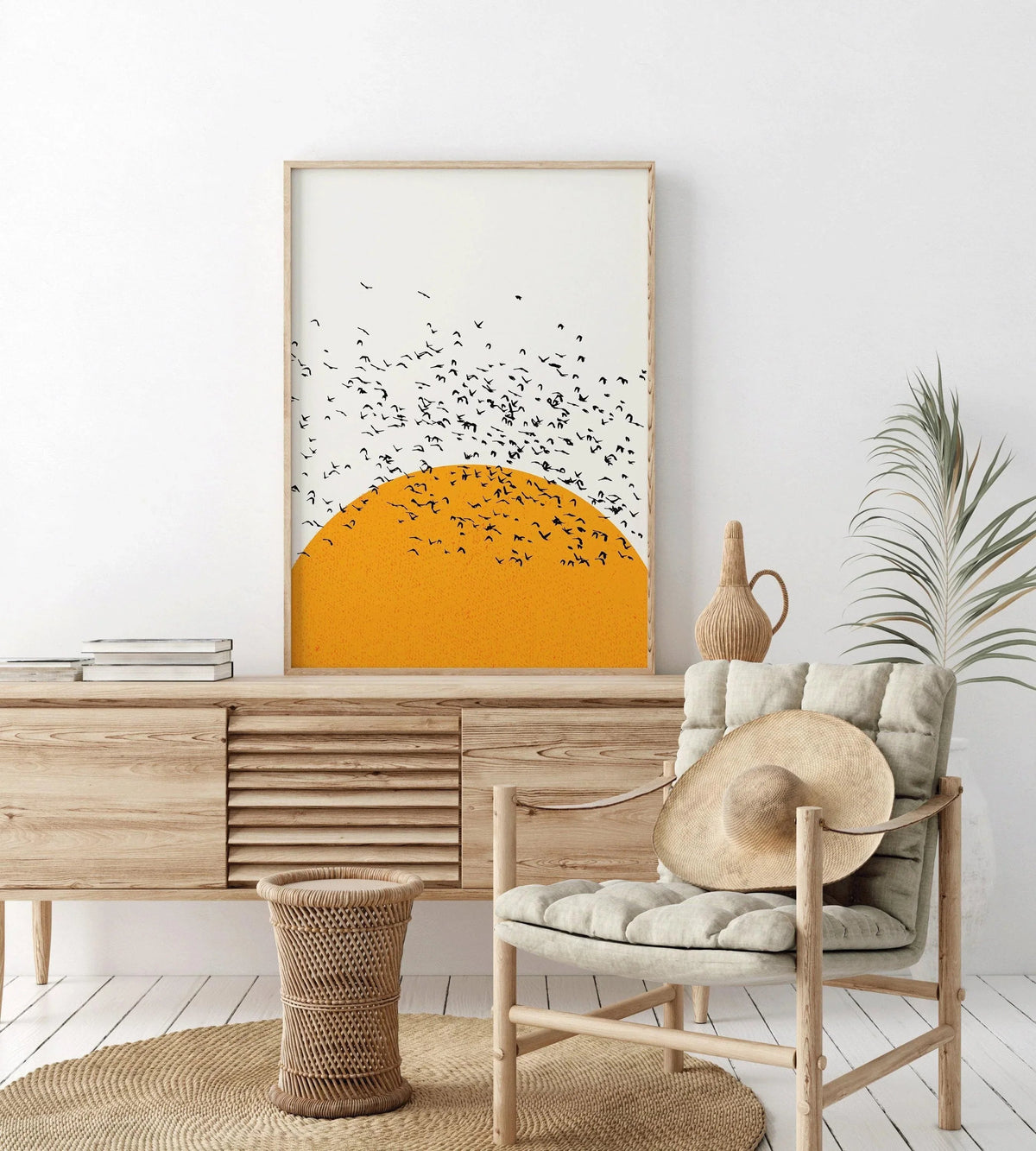Impression Giclée Oiseaux au Coucher du Soleil : Art Rétro Minimaliste, Option Encadrée à la Main